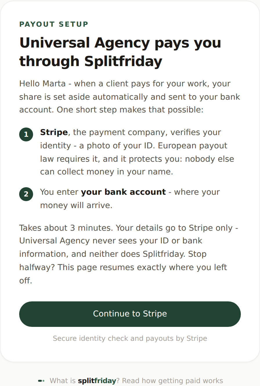 The welcome screen a recipient sees before Stripe's forms